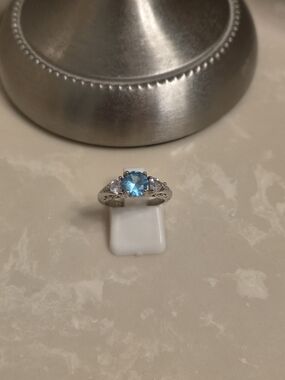 925 Silver CZ and Aquamarine Ring Size 6
